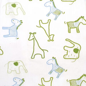 Baumwolle - Zebras, Giraffen und Elefanten Grün/Blau auf Weiß